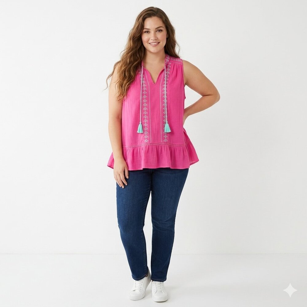 Crown & Ivy Women's Plus Size 3X Pink Sleeveless Embroidered Peplum Top Cotton